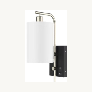 BELAGIO single bedside wall sconce,1pcs round white linen shade,1pcs switch,1pcs type-c,1pcs outlet,1pcs black matte finished,1pcs E26 bulb base(without bulb),3pcs carton